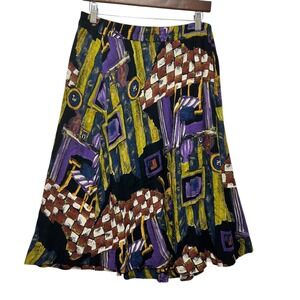 VTG Sharon Anthony Women Skirt 20W Multicolor Abstract Rayon Midi Boho Art Print